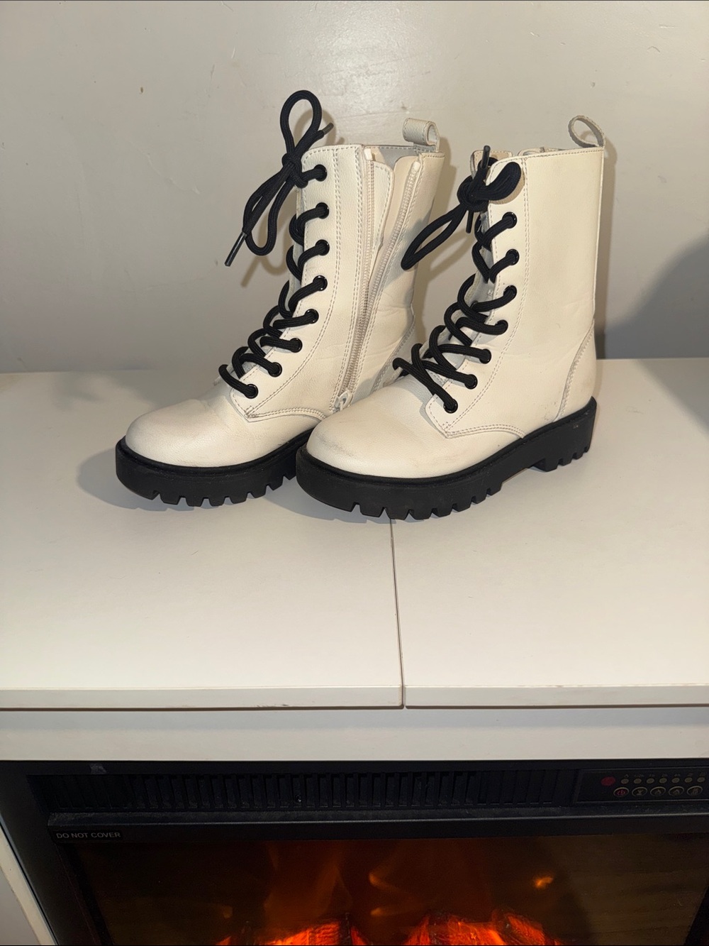 art class Cream Lace-Up Combat Boots with Black Soles